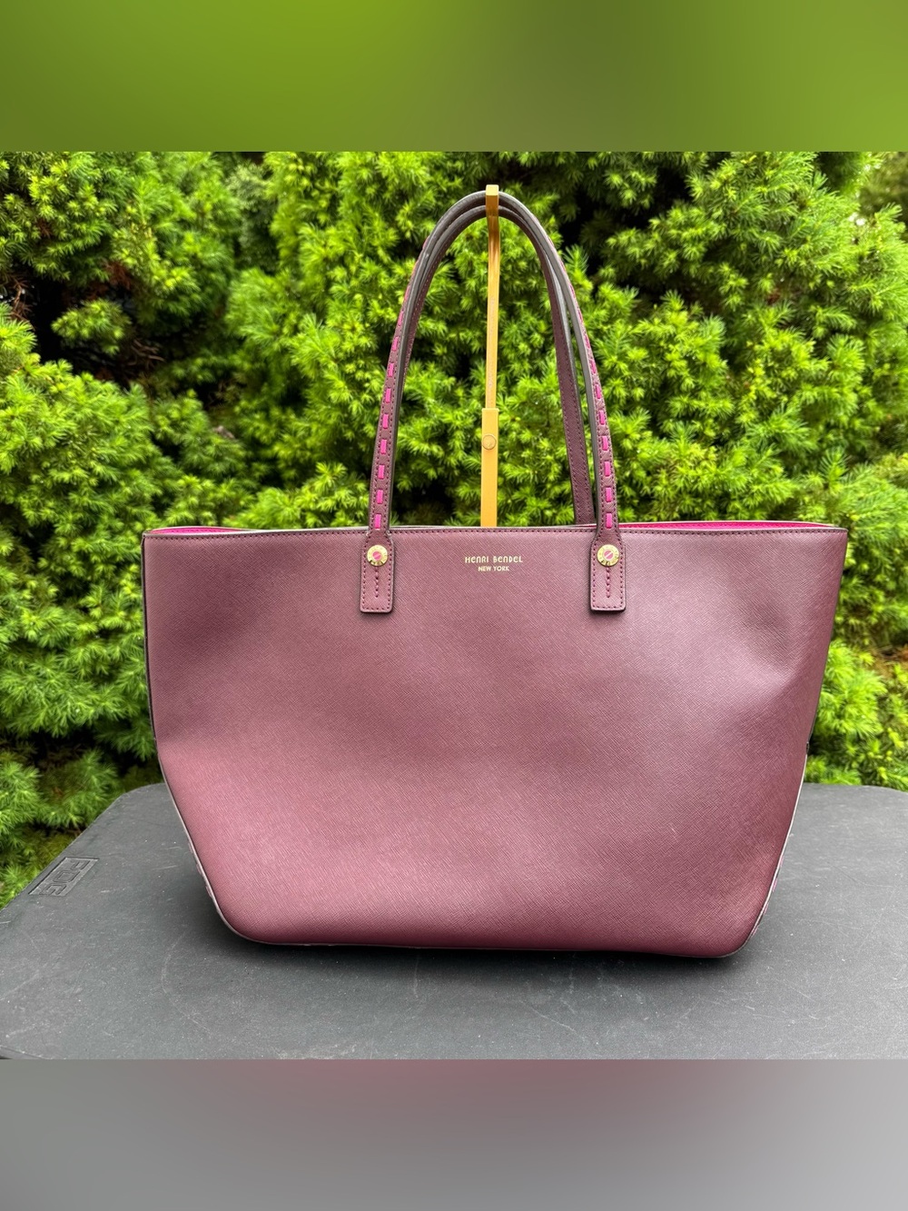 Henri Bendel Oxblood and Pink Saffiano Leather Tote NWOT